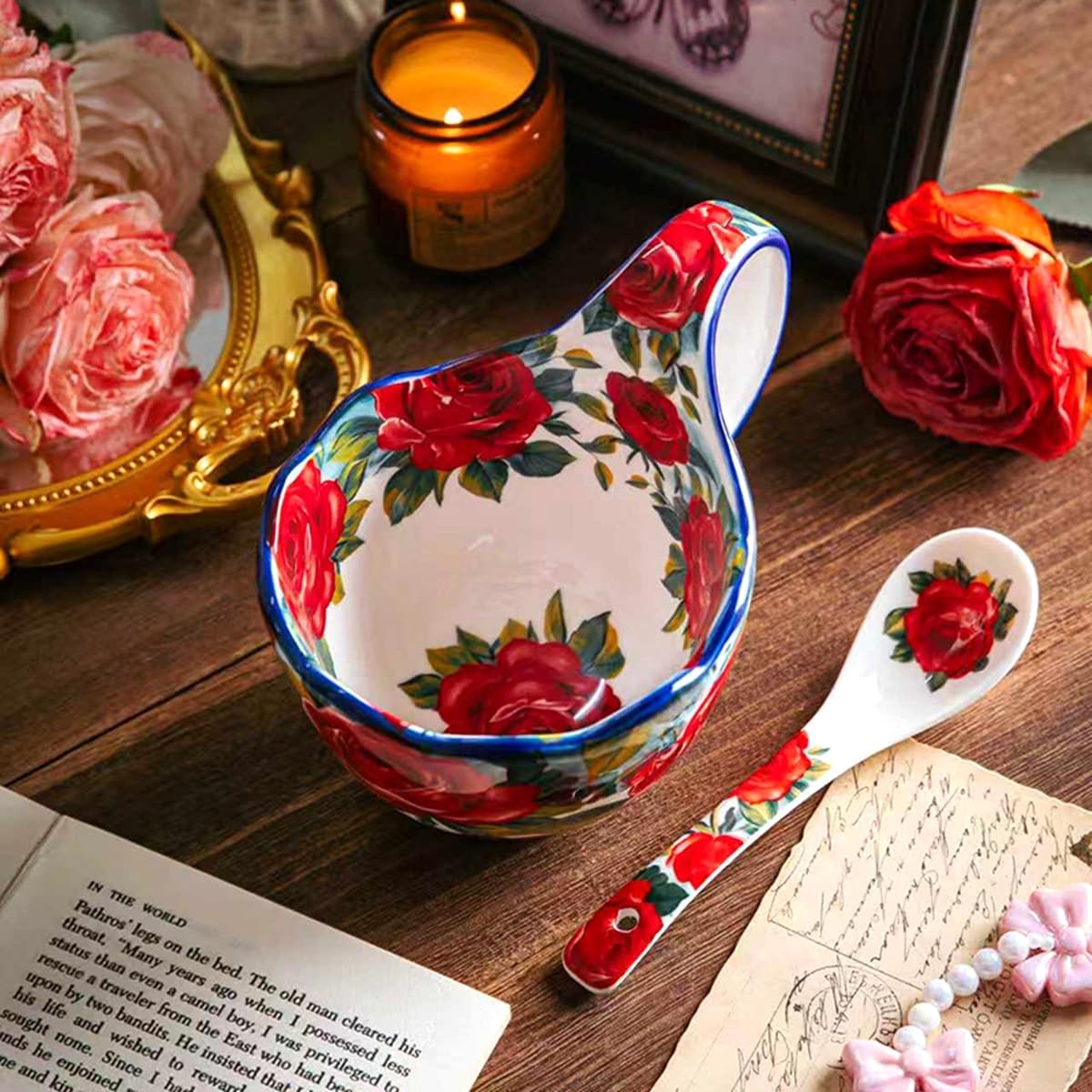 Ceramic Soup Bowl / Rose Flowers - Hand Painted Loop Handle Soup Bowl with Spoon