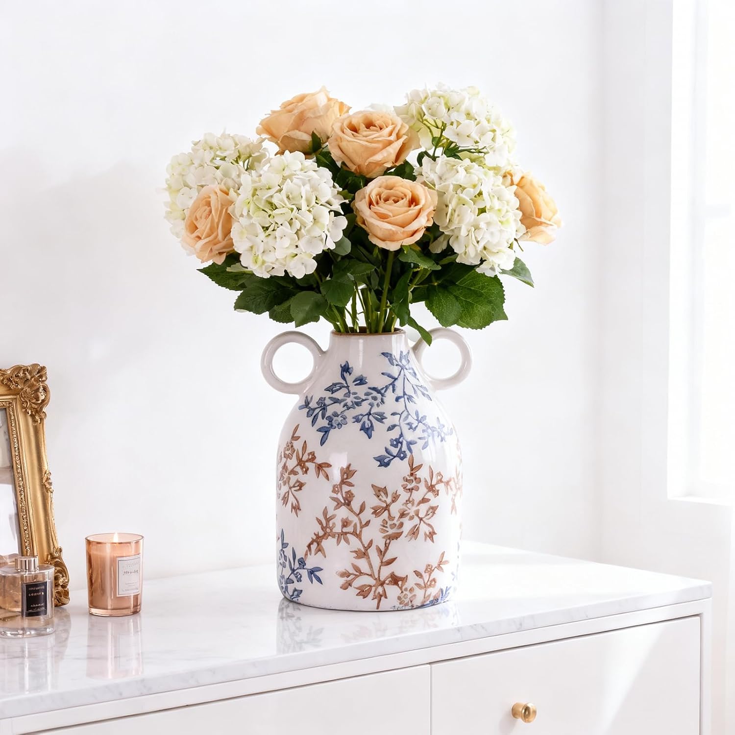Ceramic Vase / Nordic Boho Small Vases Side Table Flower Centerpiece / Blue Floral