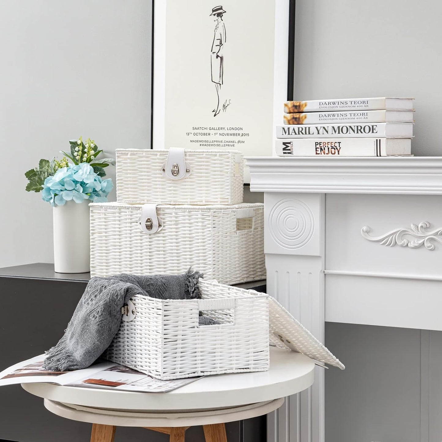 Woven Wicker Storage Basket Box / White / Set of 3