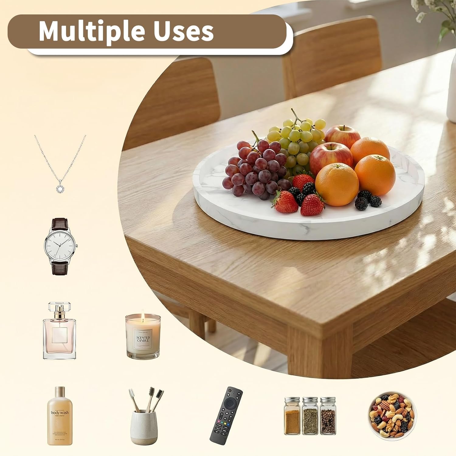 Counter Tray / Round Silicone Decorative Bathroom Vanity Tray / Marble White / 9.1 / 9.06 Inch