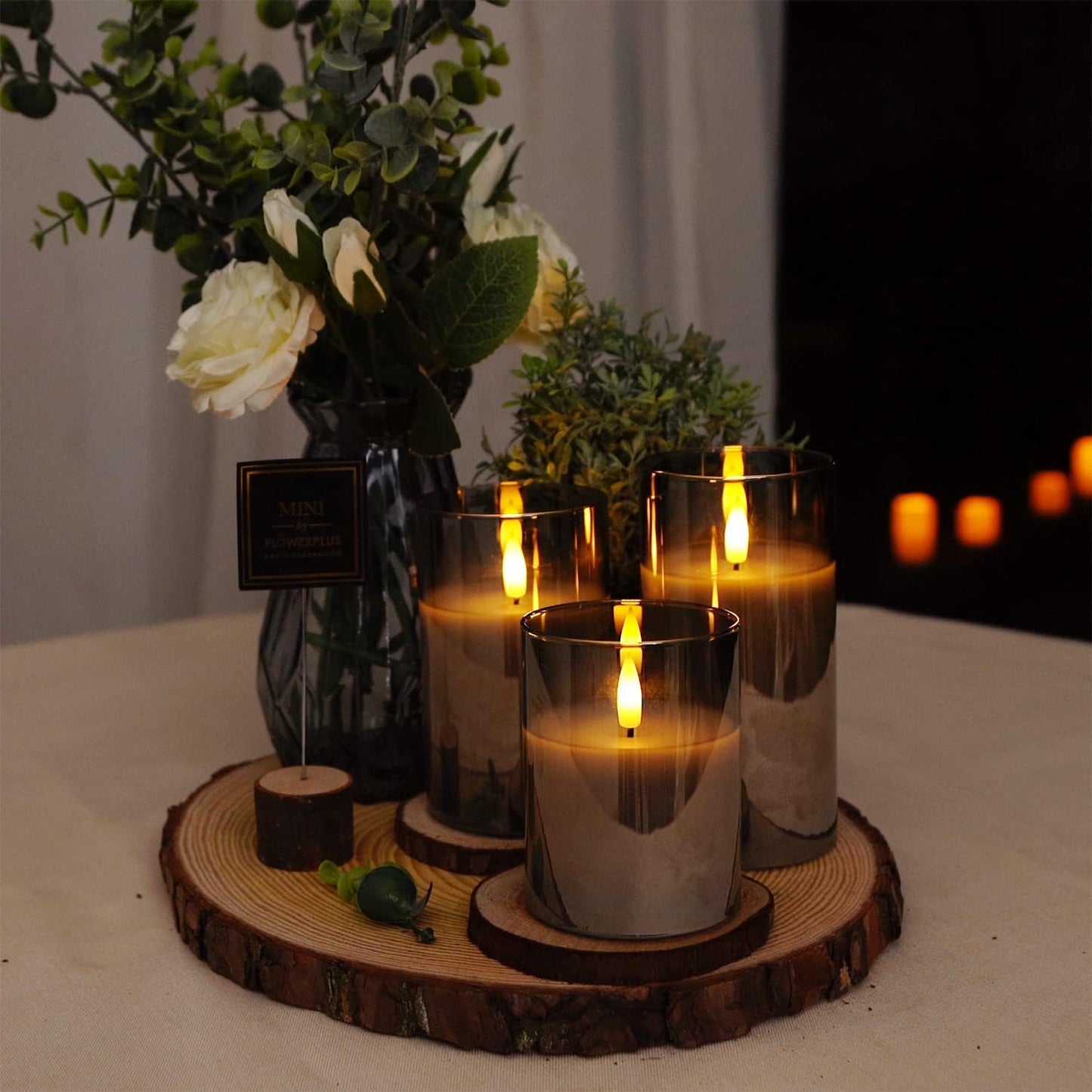 Amagic Gray Glass Flameless LED Candles Battery Operated with Remote Timer | Real Wax Pillar Electric Candle