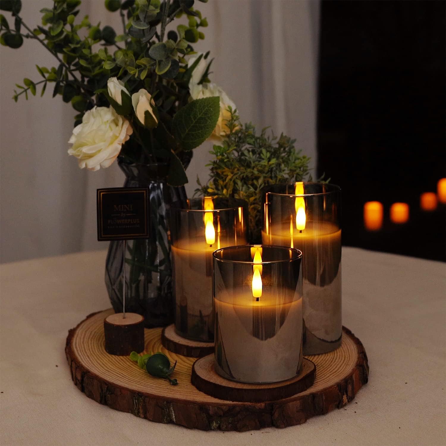 Amagic Gray Glass Flameless LED Candles Battery Operated with Remote Timer | Real Wax Pillar Electric Candle