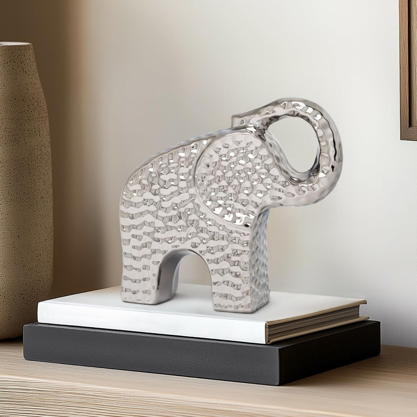 Chrome Ceramic Elephant Figurine / 6.5 Inch / Silver