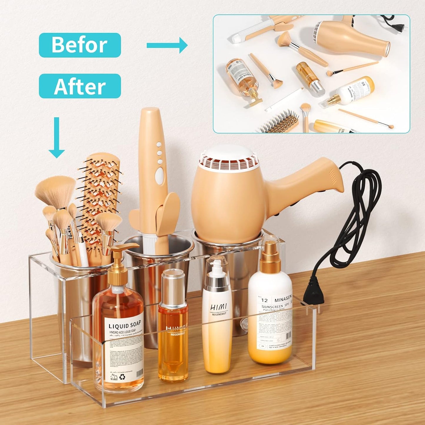Hair Tool Organizer, Acrylic Hair Dryer Holder, Bathroom Countertop Blow Dryer Stand Storage, Vanity Organizer for