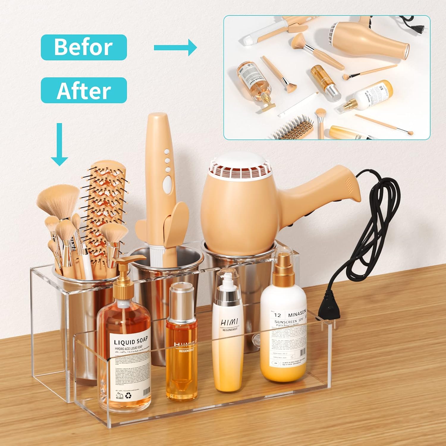 Hair Tool Organizer, Acrylic Hair Dryer Holder, Bathroom Countertop Blow Dryer Stand Storage, Vanity Organizer for