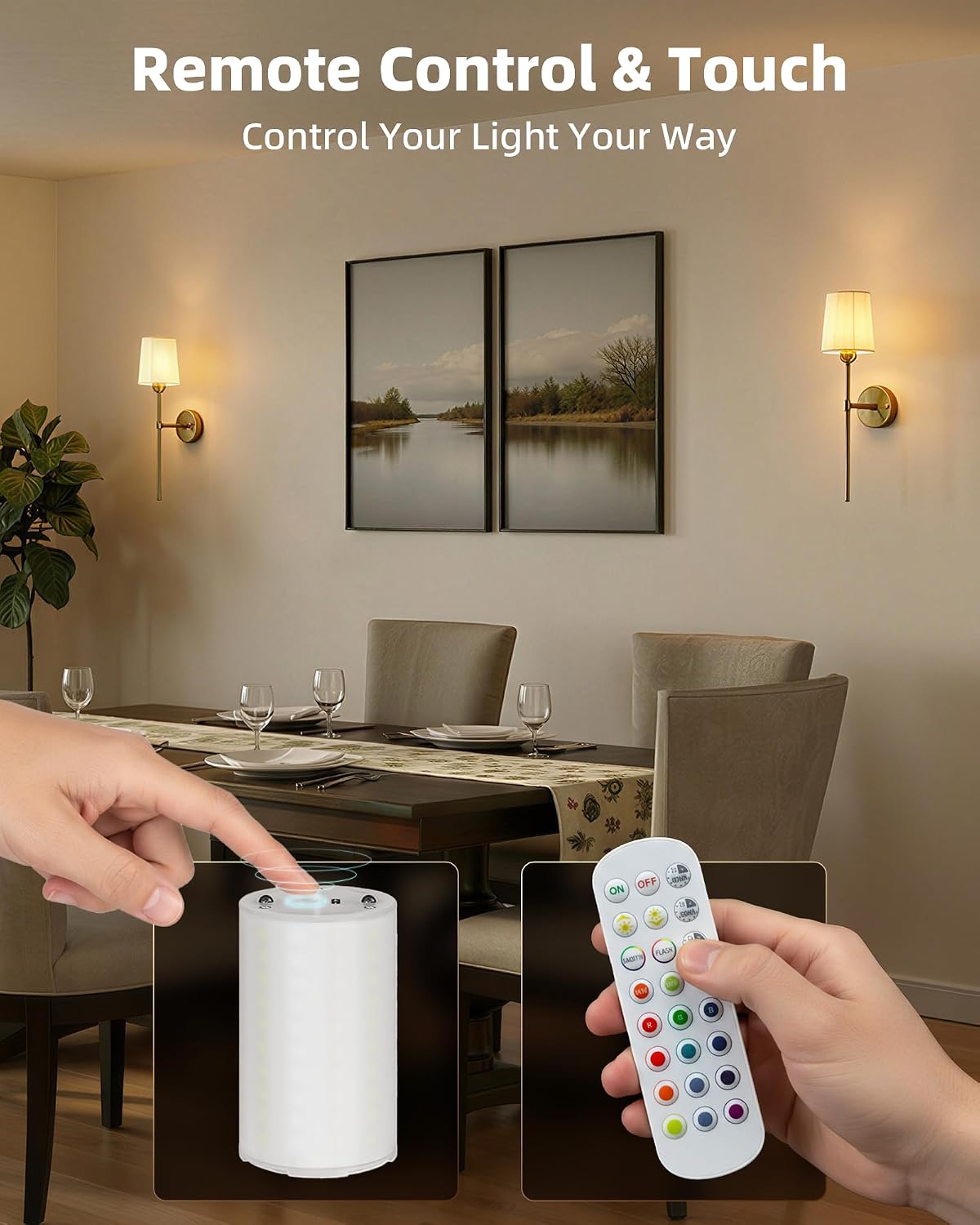 EZVALO Battery Operated Wall Sconces Set of 2, 7500mAh, RGB, Rechargeable Wall Lights with Remote, Dimmable, Magnetic