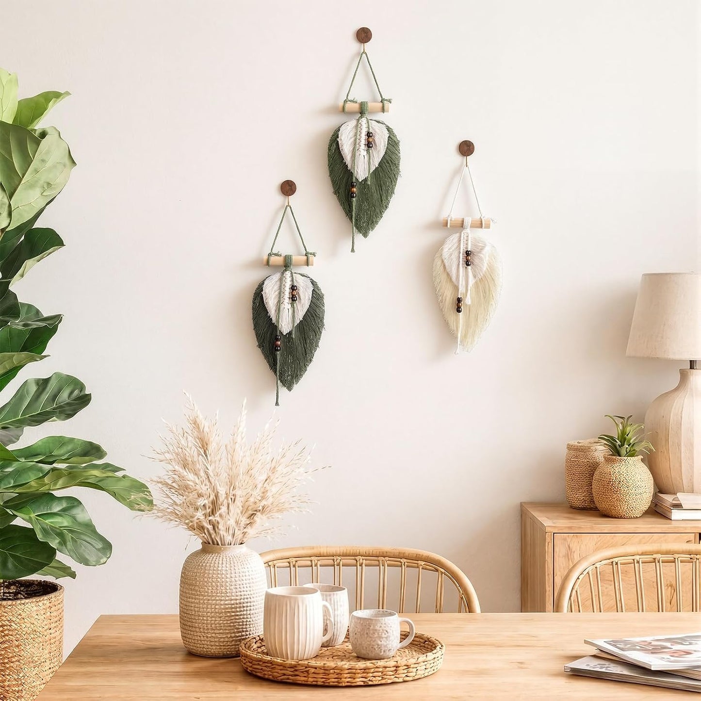 Macrame Wall Hanging Boho Woven Tapestry Handmade Home Decor Wooden / Leaf / Sage Green / Set of 3