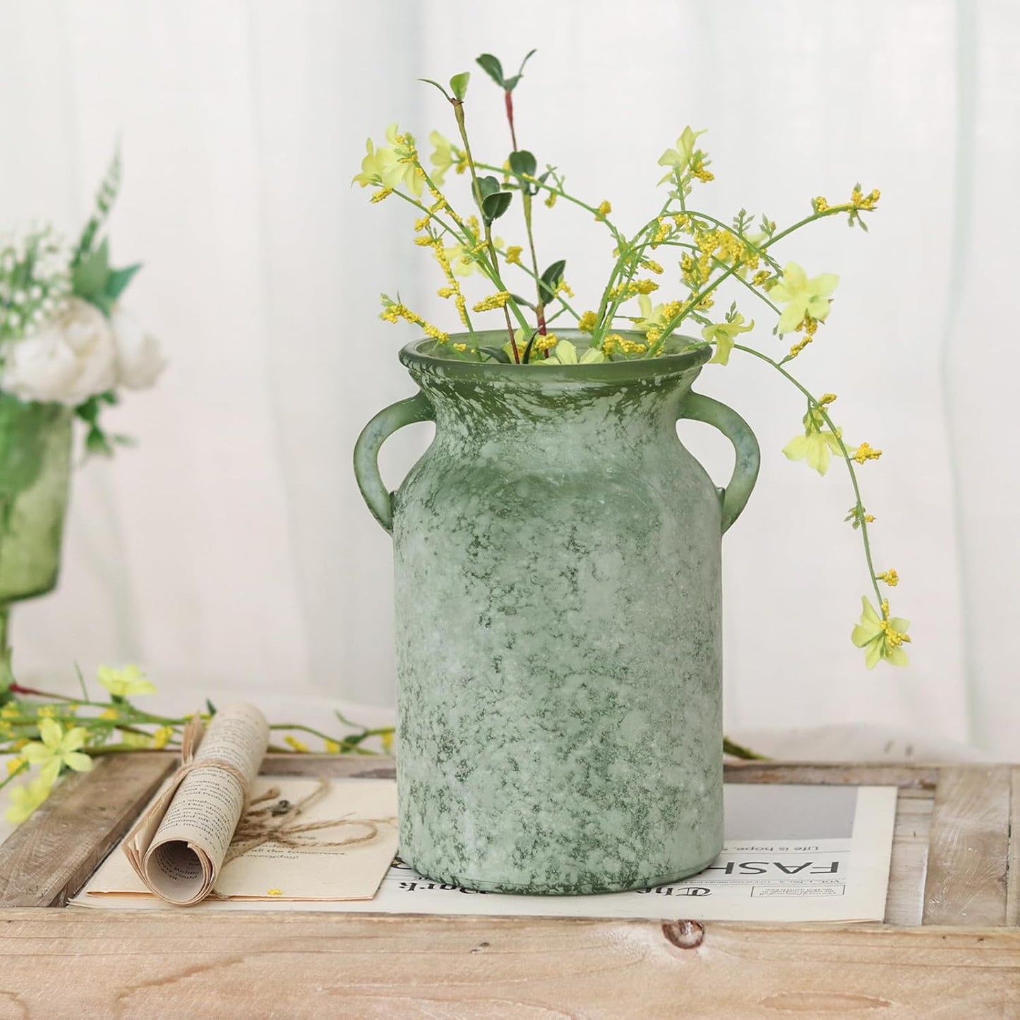 Glass Flower Vase / White Green / 8 Inch