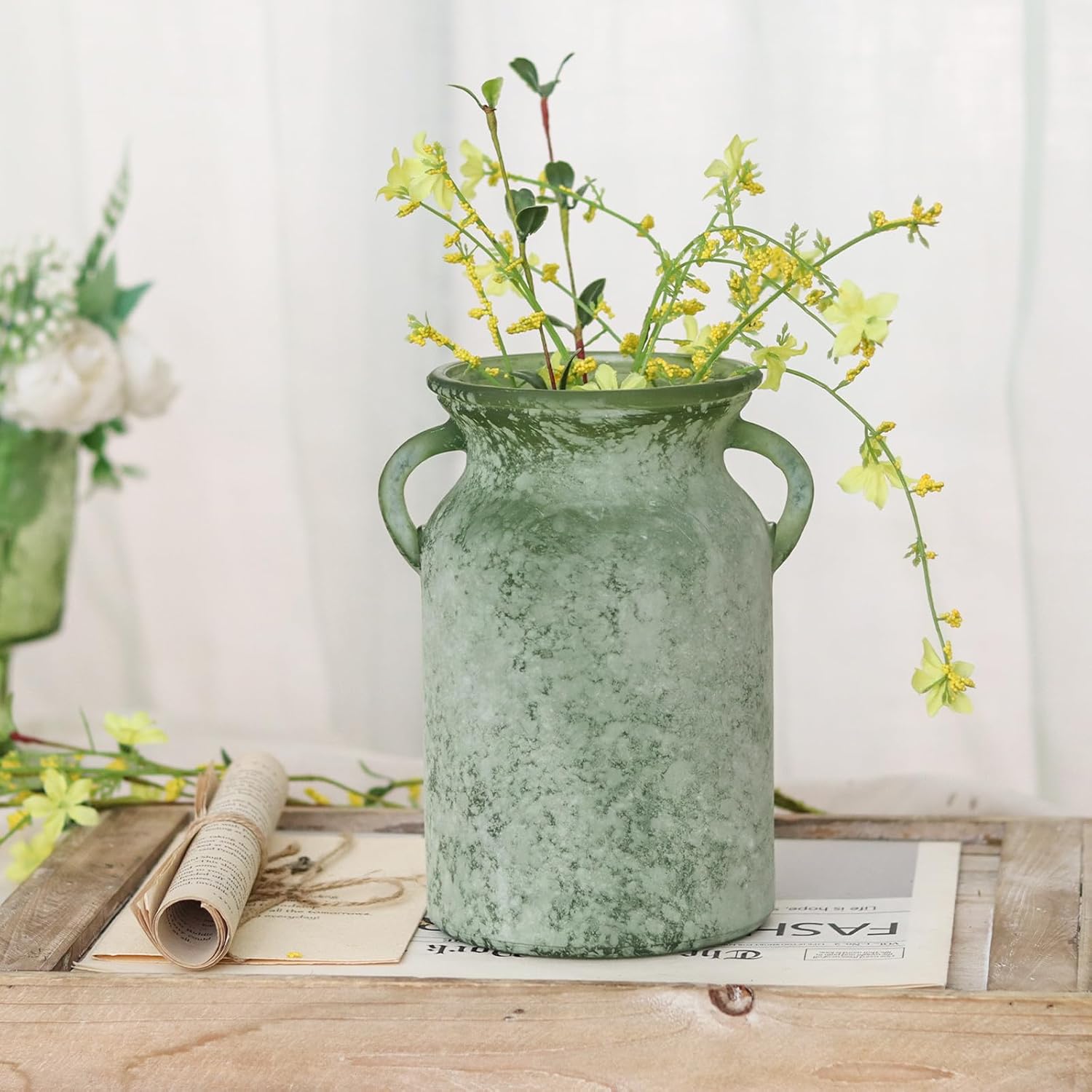 Glass Flower Vase / White Green / 8 Inch