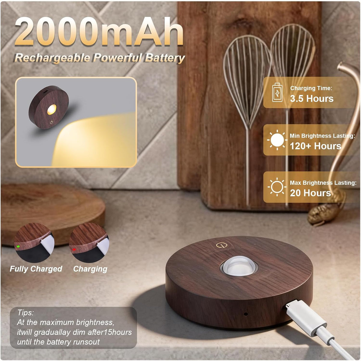 Rechargeable Puck Lights, 3 Color Temp & Dimmable Under Cabinet Lighting wireless, Magnetic Battery Operated Under