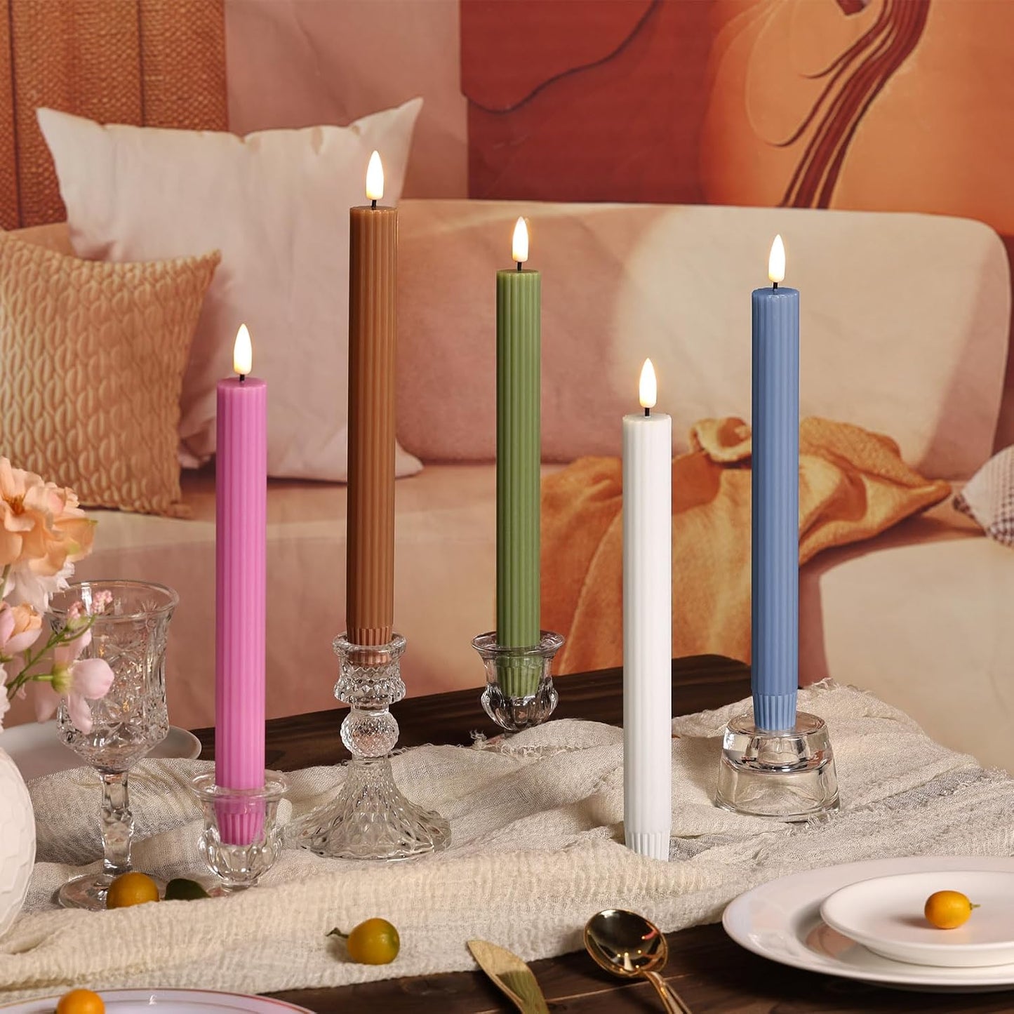 Ribbed Fluted Flameless Taper Candles / Olive Green / Set of 4