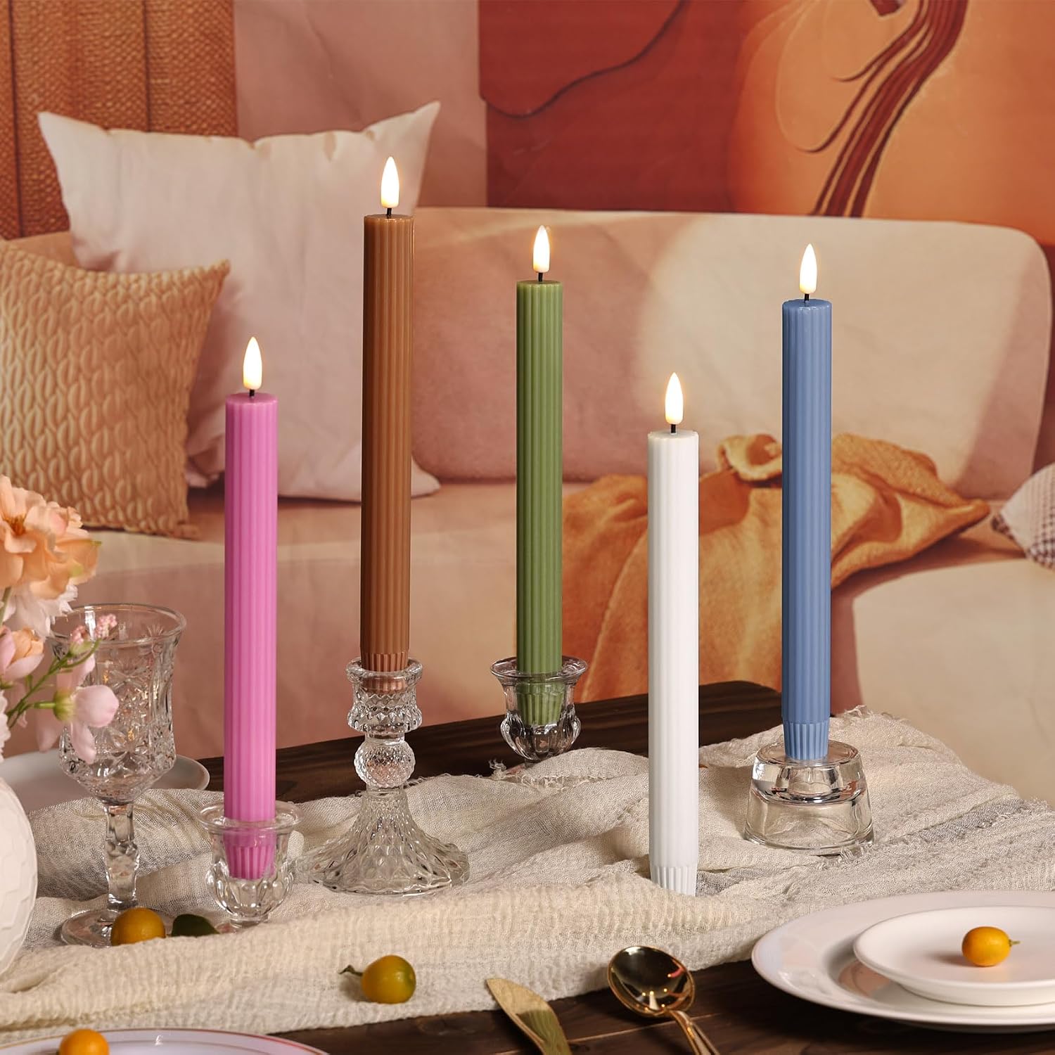 Ribbed Fluted Flameless Taper Candles / Olive Green / Set of 4