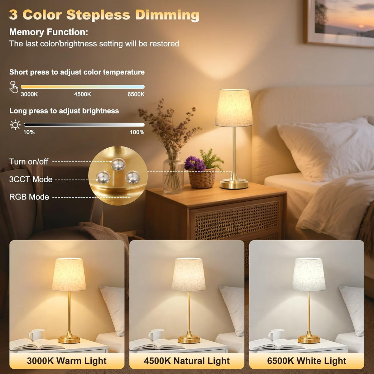 Wowag Cordless Table Lamp Rechargeable,5000mAh Battery Operated Desk Lamp,3 Colors & 7 RGB Stepless Dimmable,Touch