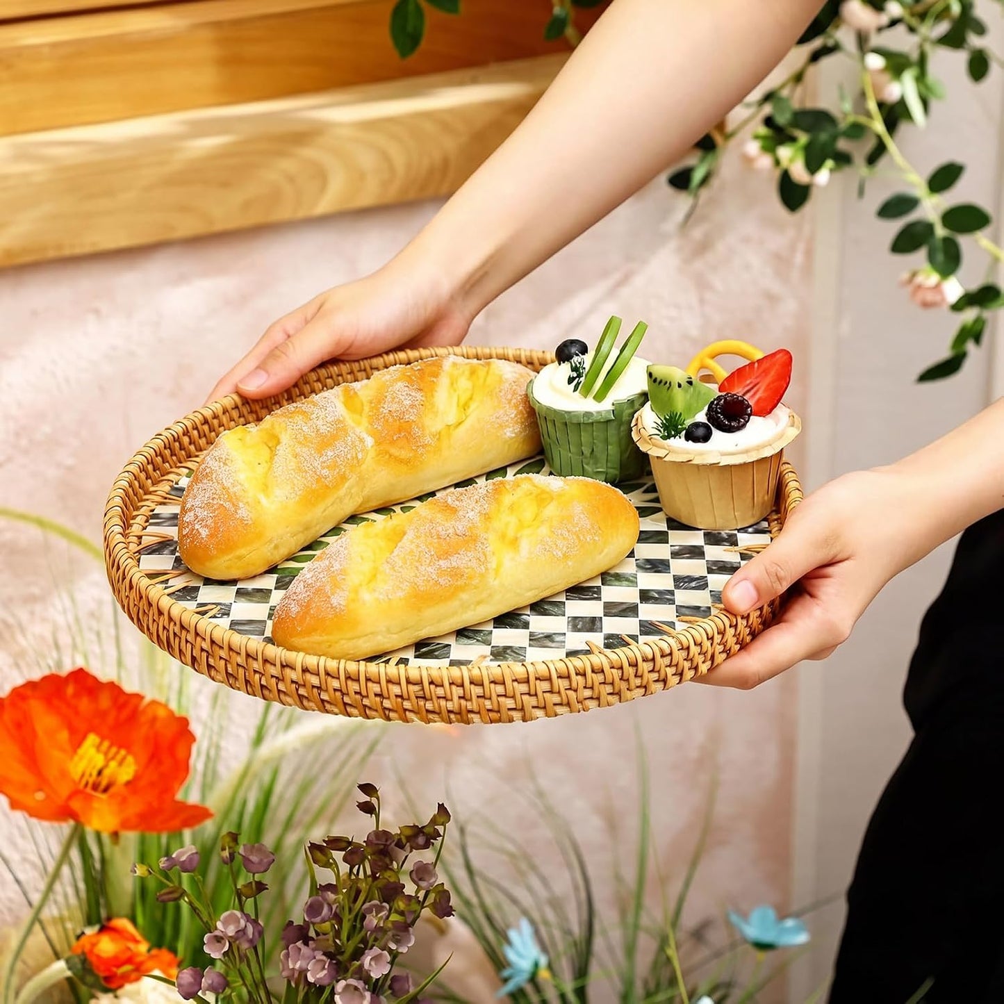 Round Rattan Tray / Black Checkerboard / 3 Size / Set of 3