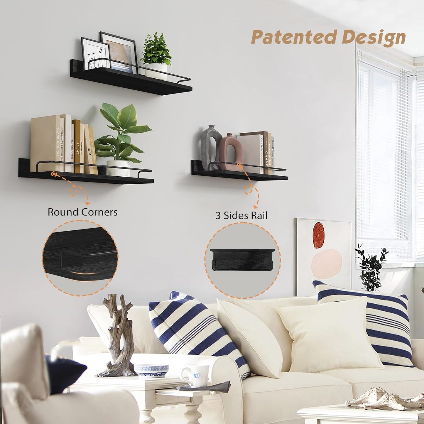 Forbena Black Floating Shelves for Wall, Bahtroom Wall Shelves Over Toilet, Rustic Hanging Shelf with Lip Rail for