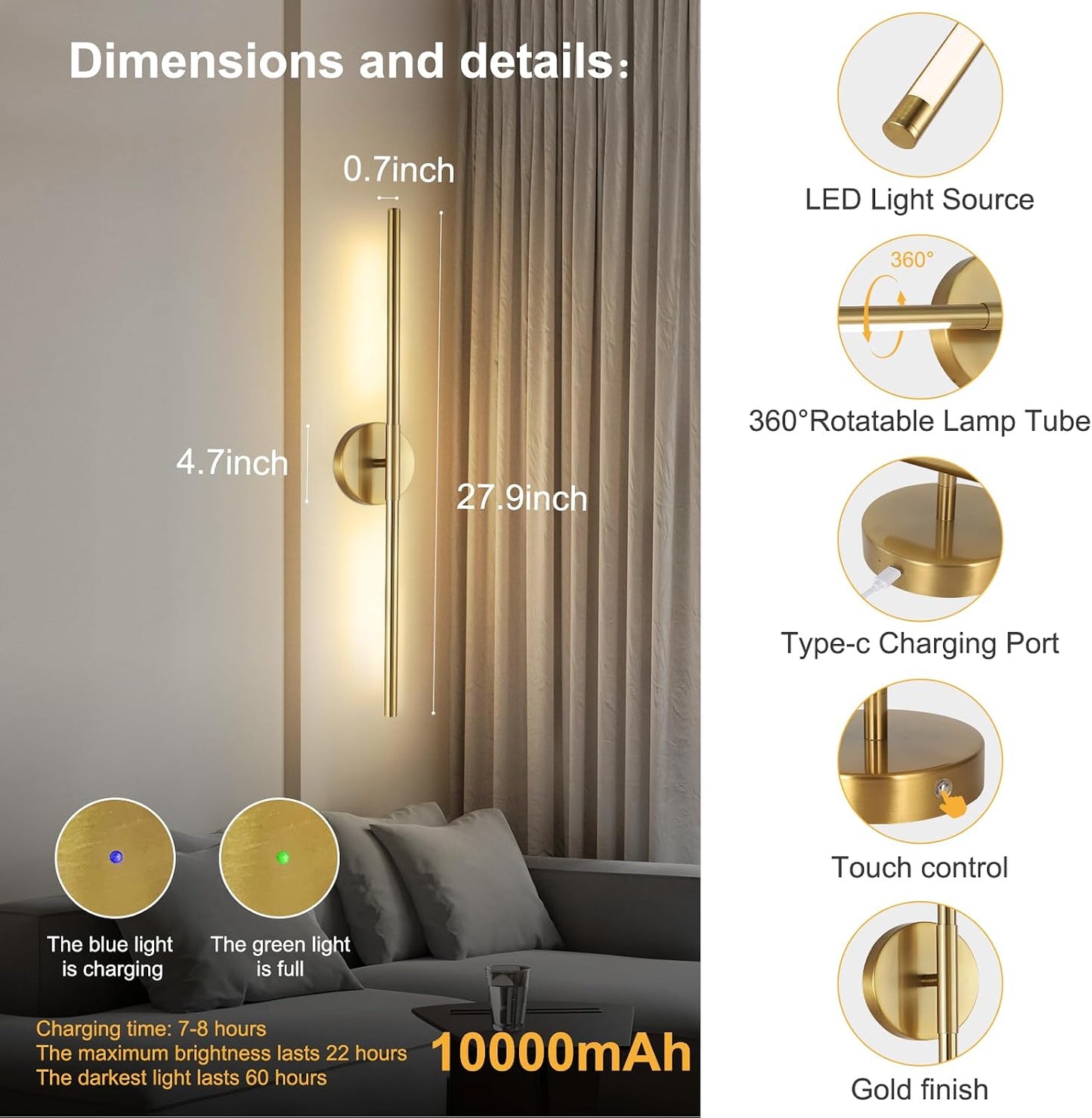 Wireless Battery Operated Wall Sconces with Remote, Gold Rechargeable Led Wall Lights Set of Two, Cordless Dimmable