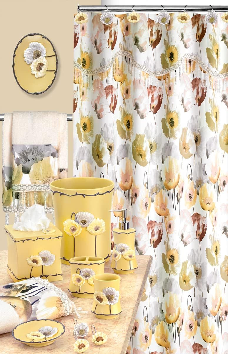 Zahari Home 13pc Poppy Fields Bathroom Shower Curtain Set Yellow Shower Curtain & 12 Shower Curtain Hooks Luxury
