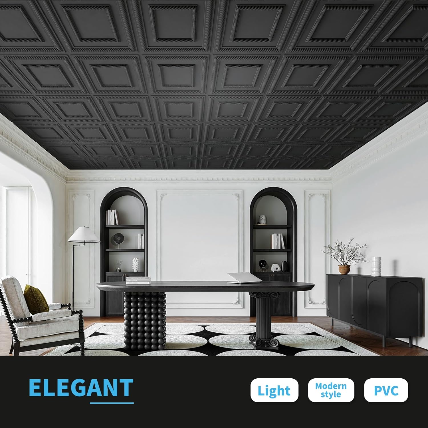 PVC Lightweight Drop Ceiling Tile / Square Black / 24 x 24 / Set of 12