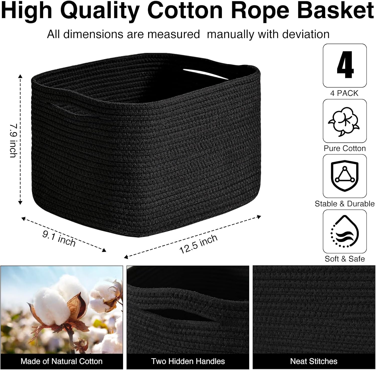 Woven Cotton Rope Baskets for Storage / Black