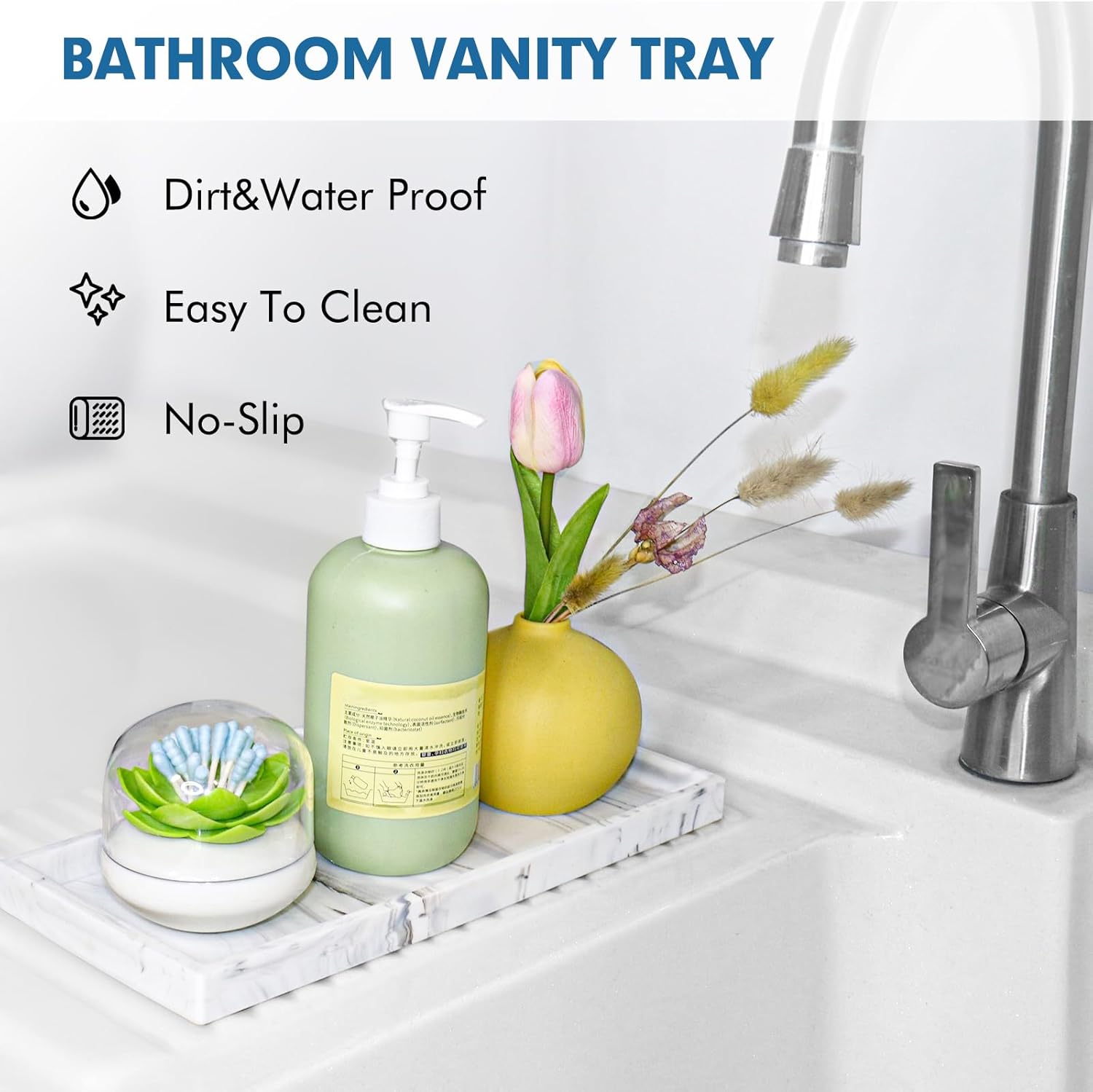 Marble Tray / Silicone Bathroom Vanity Trays / Marble White / 15.7 x 5.9 x 0.9