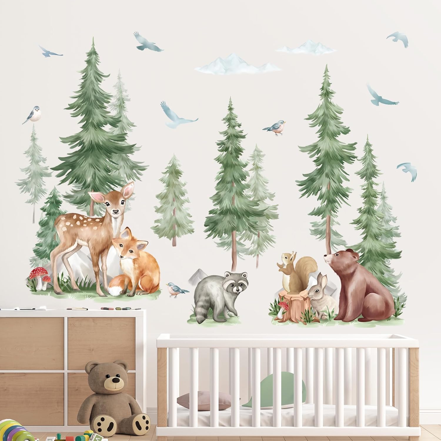 Mountain Tree Wall Stickers Large Pine Tree Forest Animal Bear Fox Peel and Stick Wall Art / A
