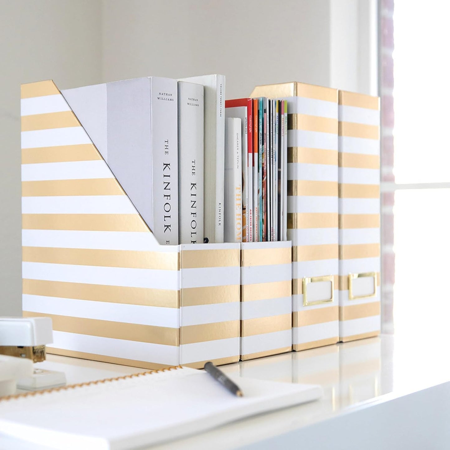 BLU MONACO | Cardboard Magazine File Holder Set of 4 Gold White Stripes | Vertical Magazine File Holder with Label