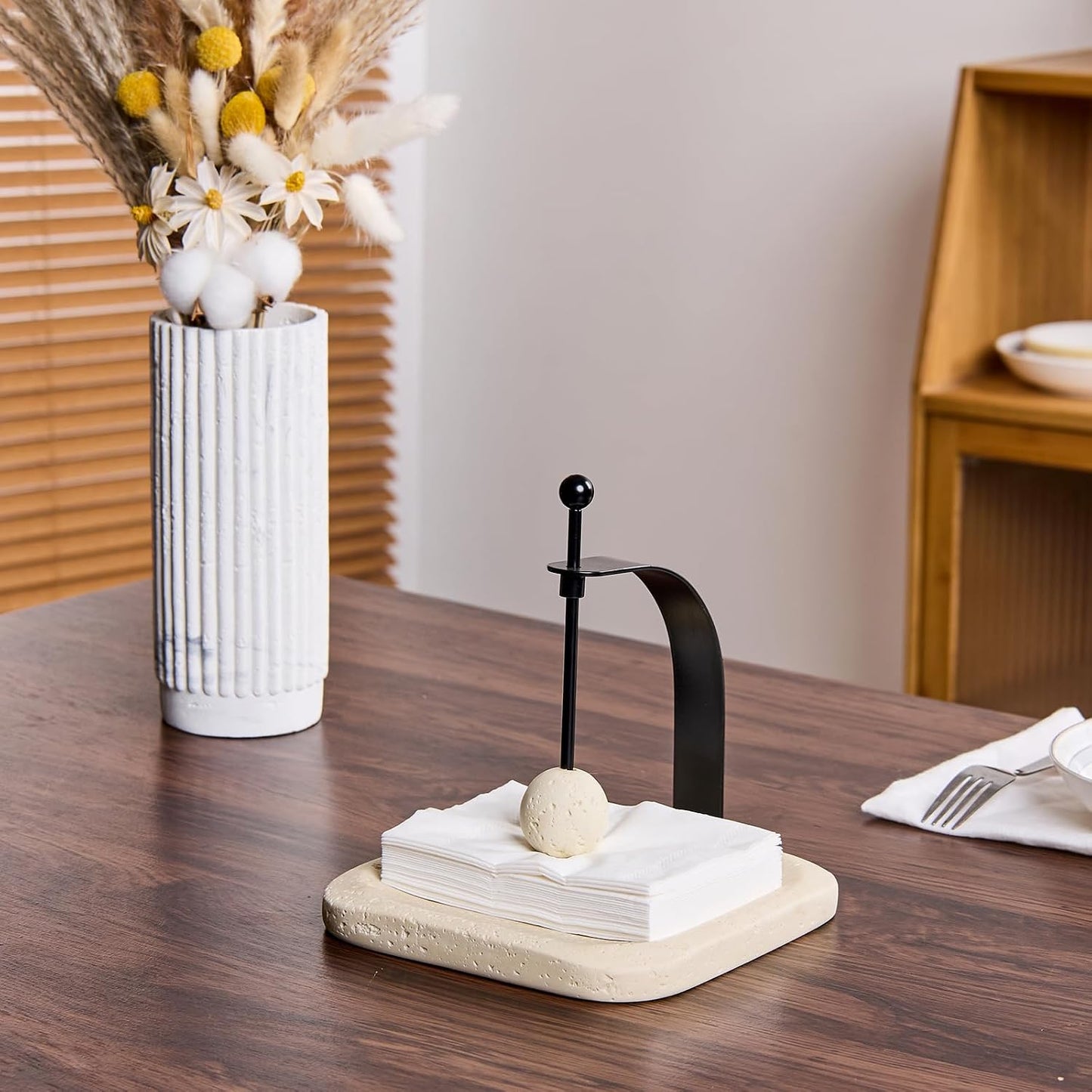 Natural Travertine Napkin Holder / Beige Travertine / 7 x 7