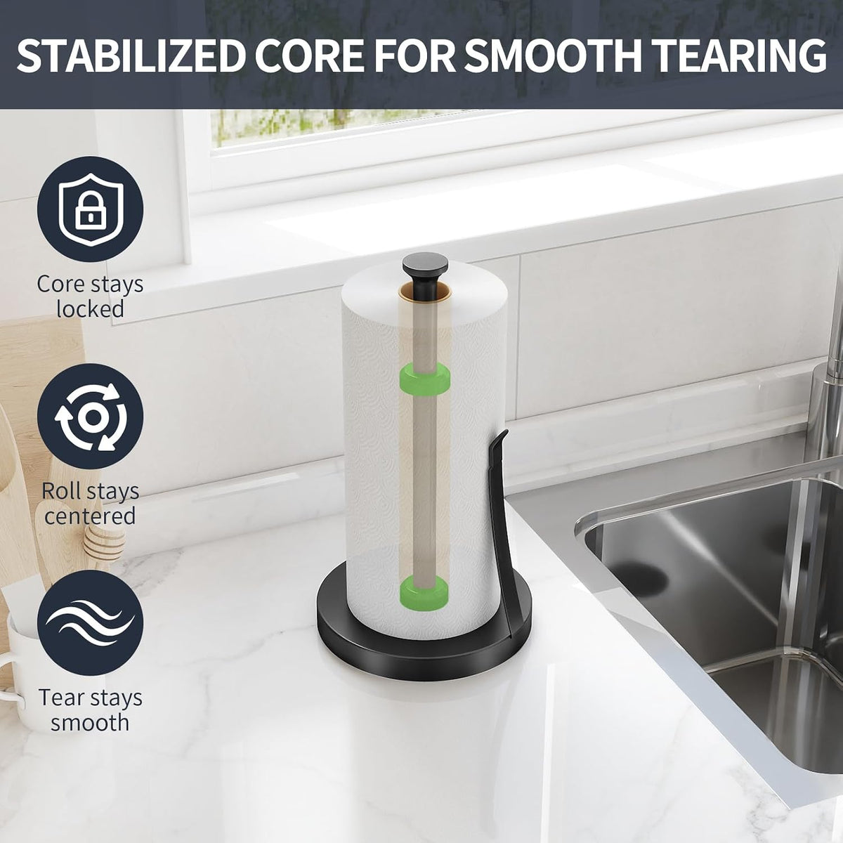 Jesginboo Countertop Paper Towel Holder for Kitchen, Black Tension Arm | One-Handed Tear, Stainless Steel Paper Towel
