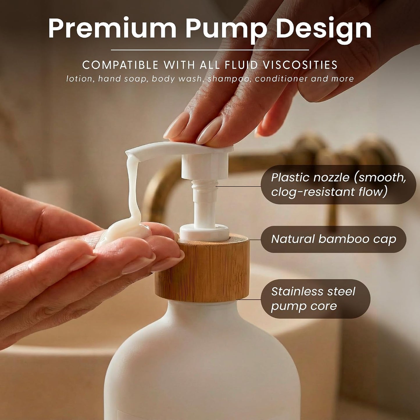 Maisonovo Soap Dispenser Set - White Soap Dispenser White Bamboo Pumps | Glass bottles for body wash, lotion, shampoo