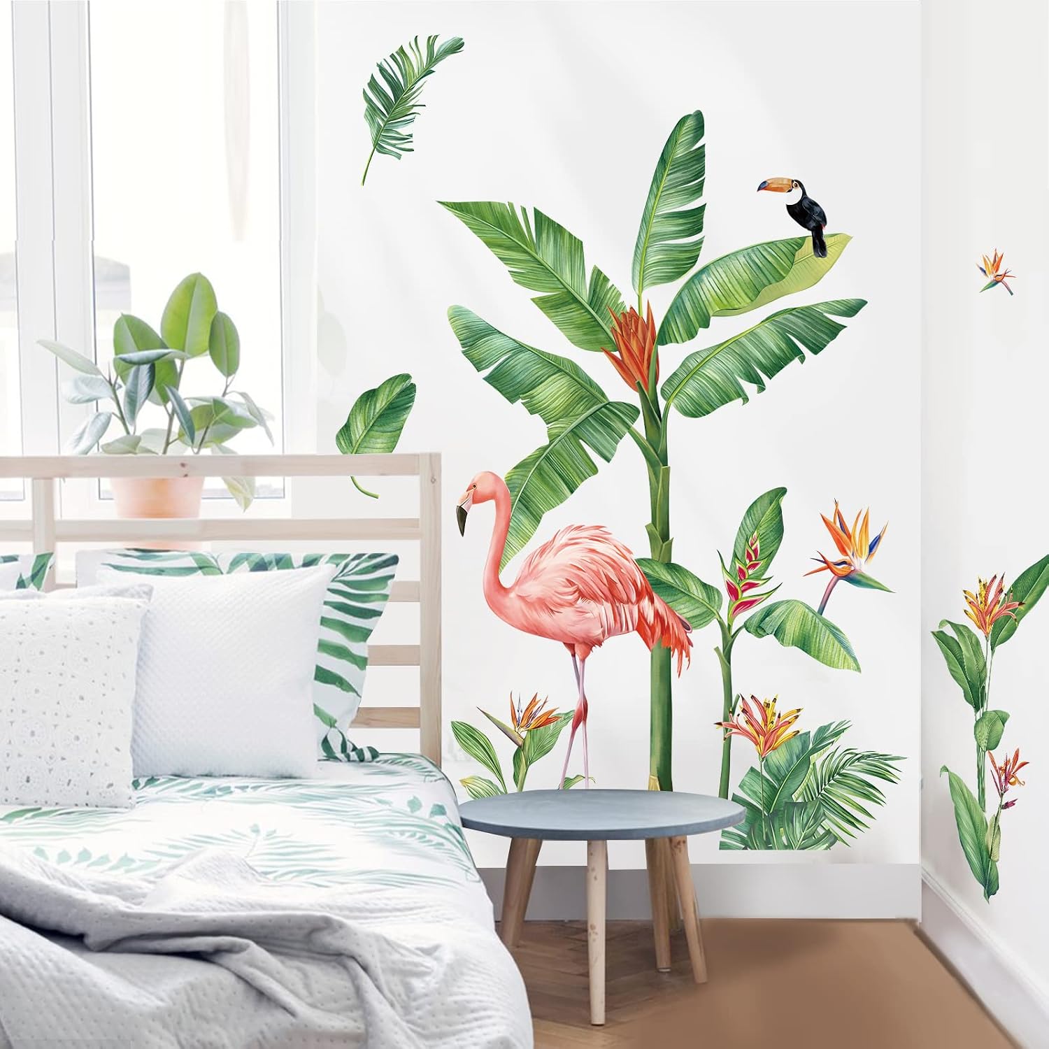 Tropical Leaves Wall Decals Flamingo Plants Wall Stickers Living Room Bedroom Sofa TV / B / Green