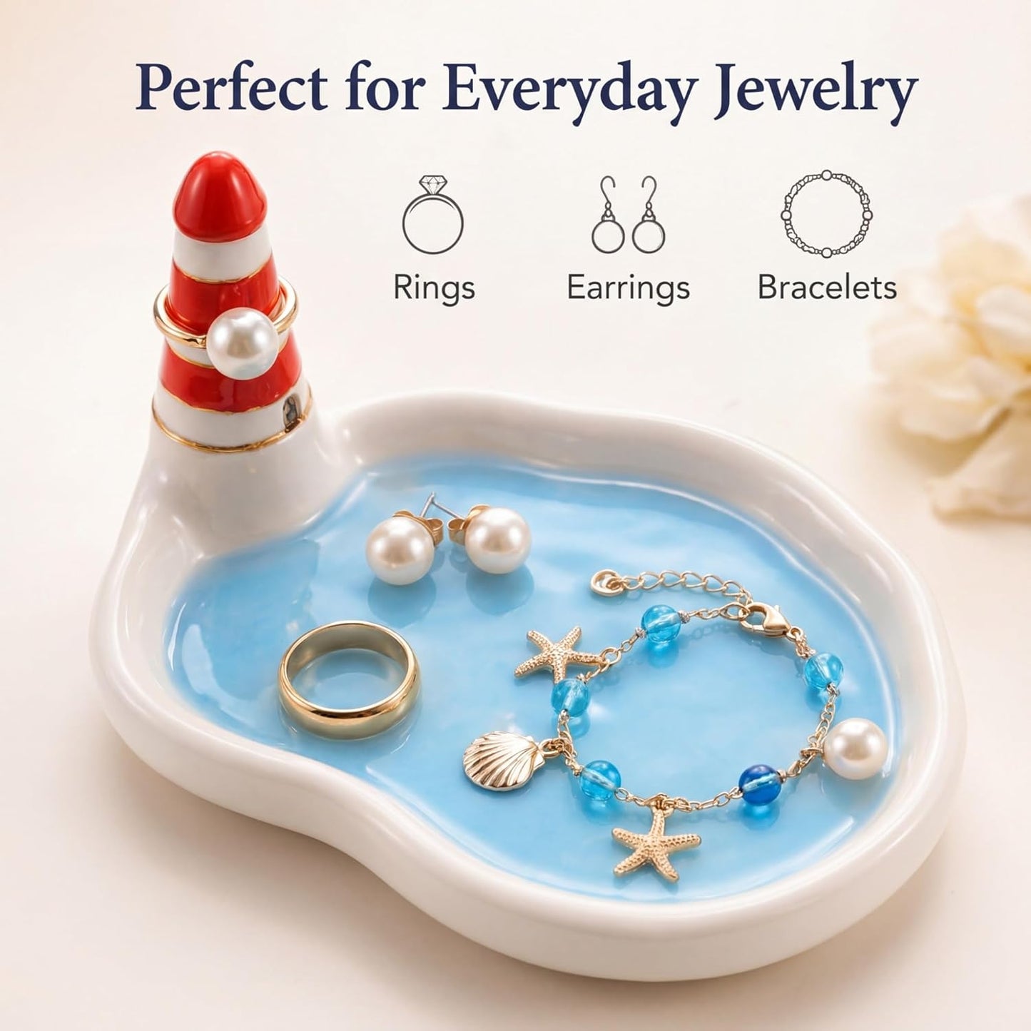 Lighthouse Jewelry Holder Ceramic Ring Dish / Blue / 6 x 4