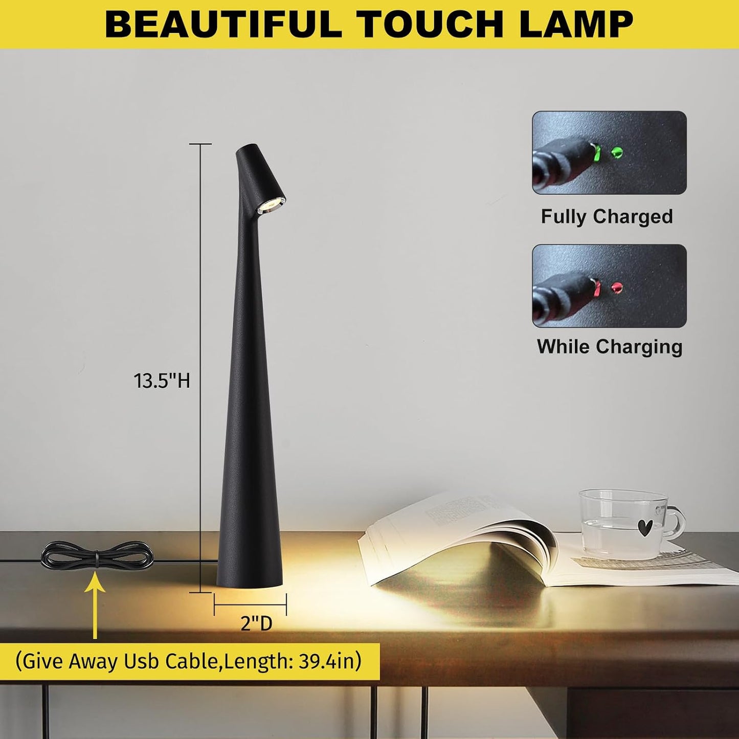 Black Set of 2 Cordless Table Lamps Rechargeable Battery Operated Lamp Touch,Waterproof Desk Lights for
