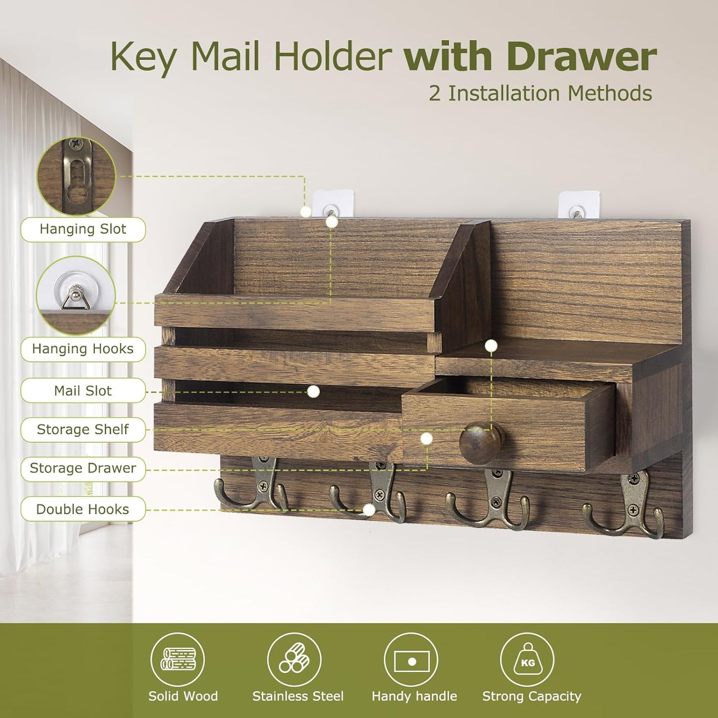 Wooden Adhesive Mail and Key Organizer / Brown