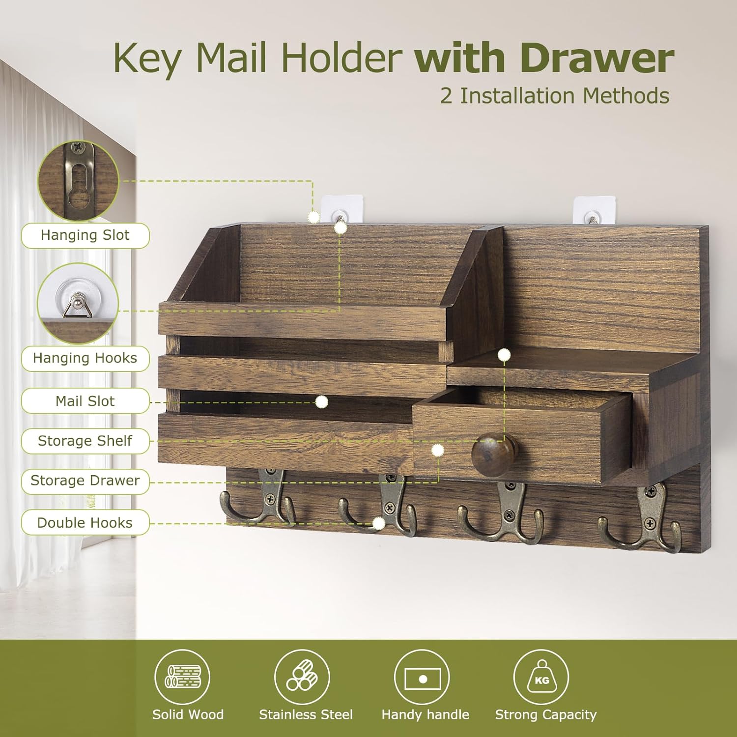 Wooden Adhesive Mail and Key Organizer / Brown