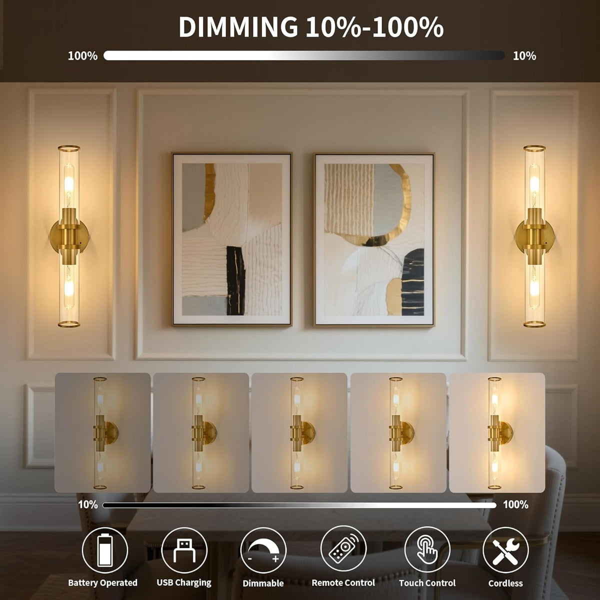 8000mAh Wireless Wall Sconces with Remote Control 3000K, Gold, 20.5 Inch | Battery Operated Wall Sconce Set of 2 with