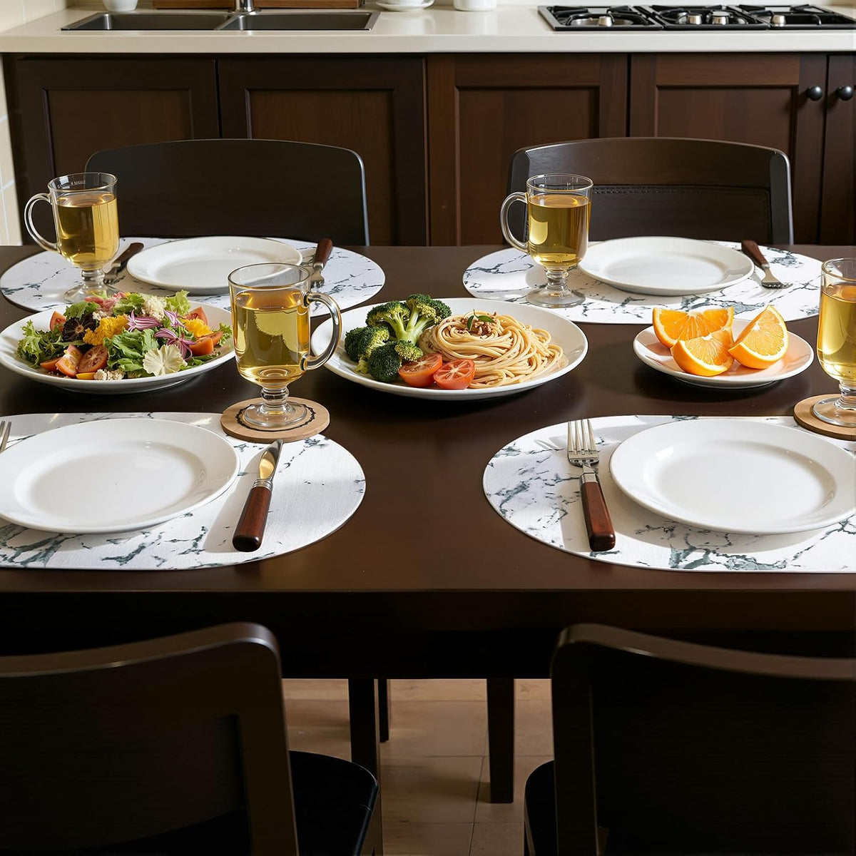 Placemats Set of 4, 11.8 x 17 Inch, Marble | Heat Resistant Oval Faux Leather Place Mats, Waterproof Wipeable