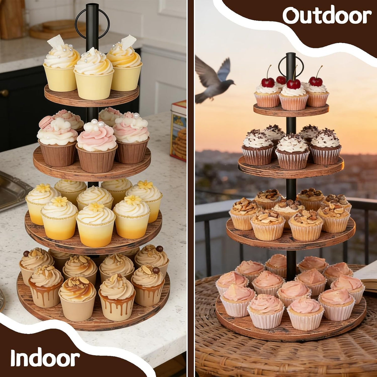 Cupcake Stand, 2 Pack Rustic Wood 4 Tier Cake Stand, Tiered Serving Tray | Round Wooden Dessert Display Set