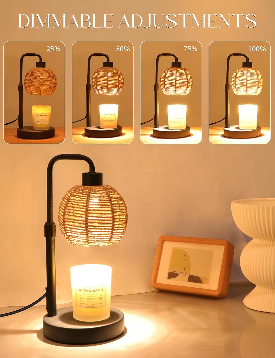 Candle Warmer Lamp with Timer Dimmable, Natural Weaving Boho Electric Candle Lamp, Wax Warmer Lamp for Mothers Day