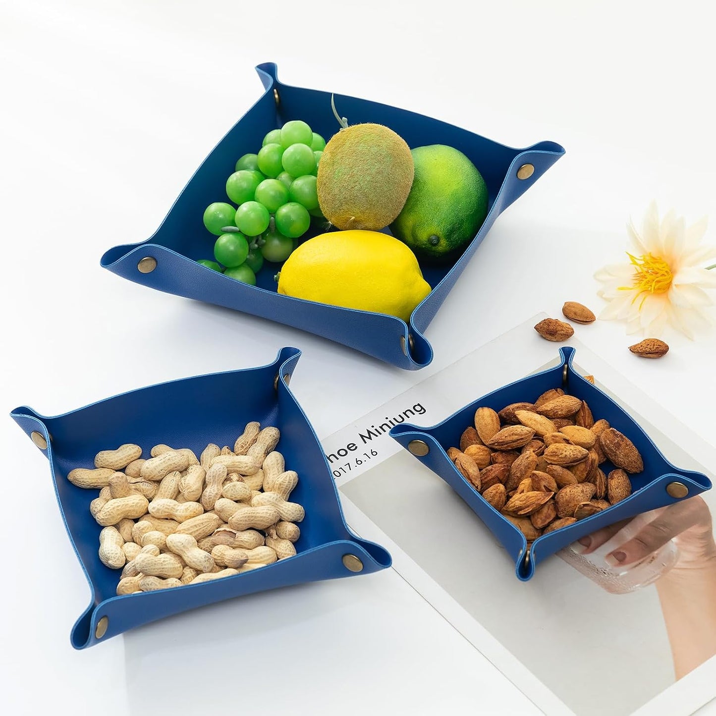 3 packs PU Leather Tray in 3 Sizes Jewelry Tray Glossy Leather Desk Organizer Leather / Klein Blue