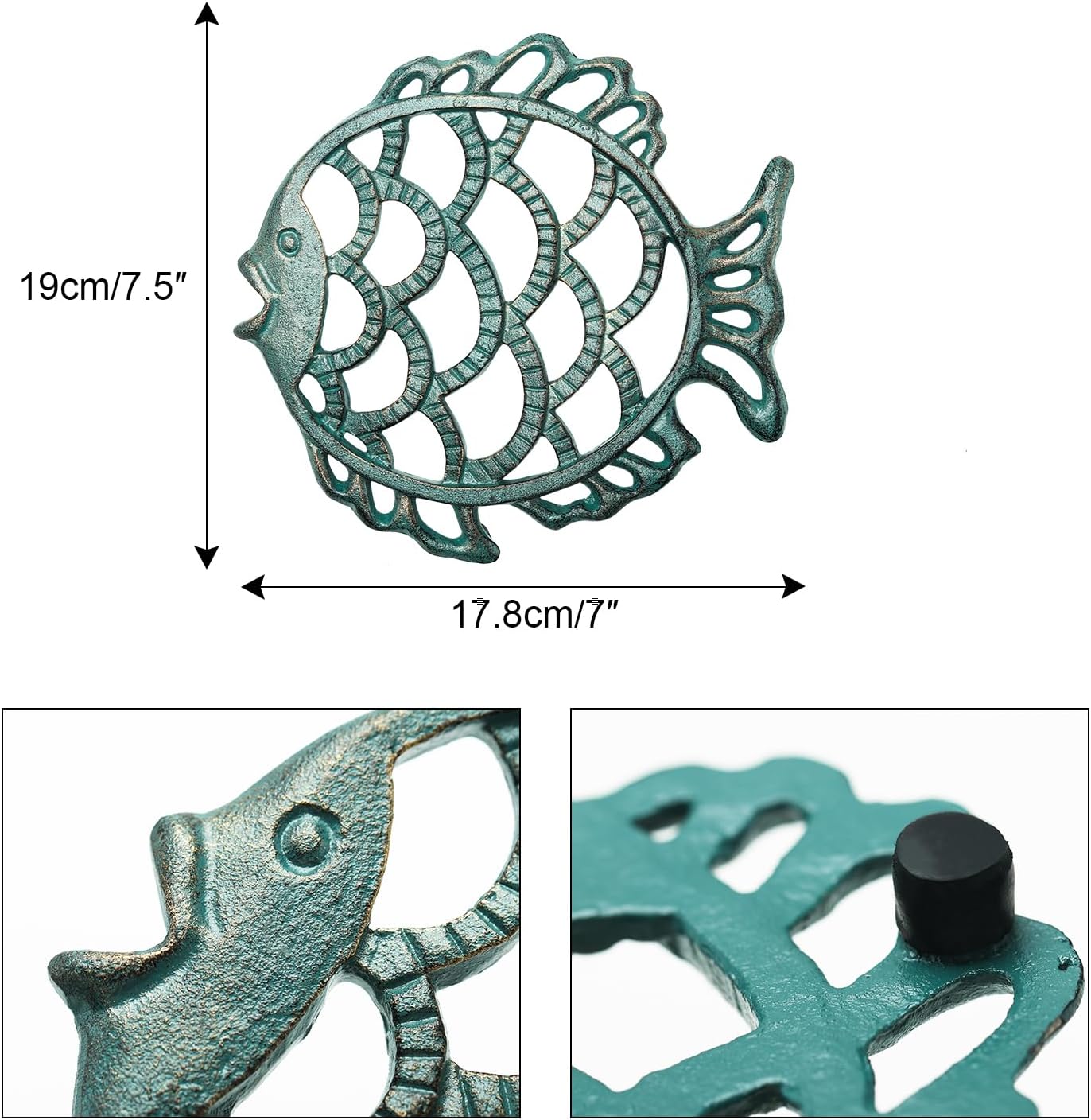Sungmor Cast Iron Cute Fish Trivet for Wood Stove - Dia-7.5 Inch Dark Green Finish - Rustproof Round Stands for Hot