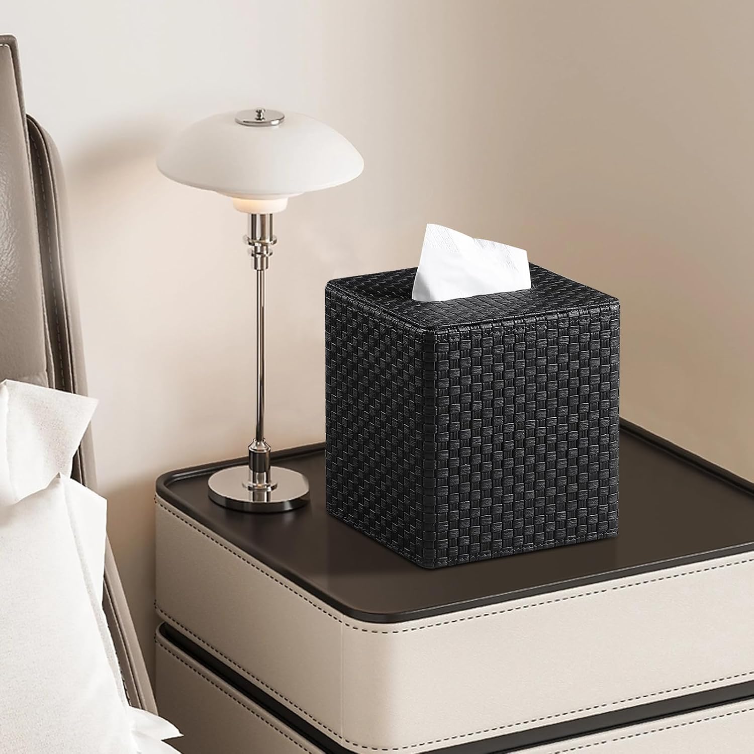Square Tissue Box Cover / Black Woven Pattern