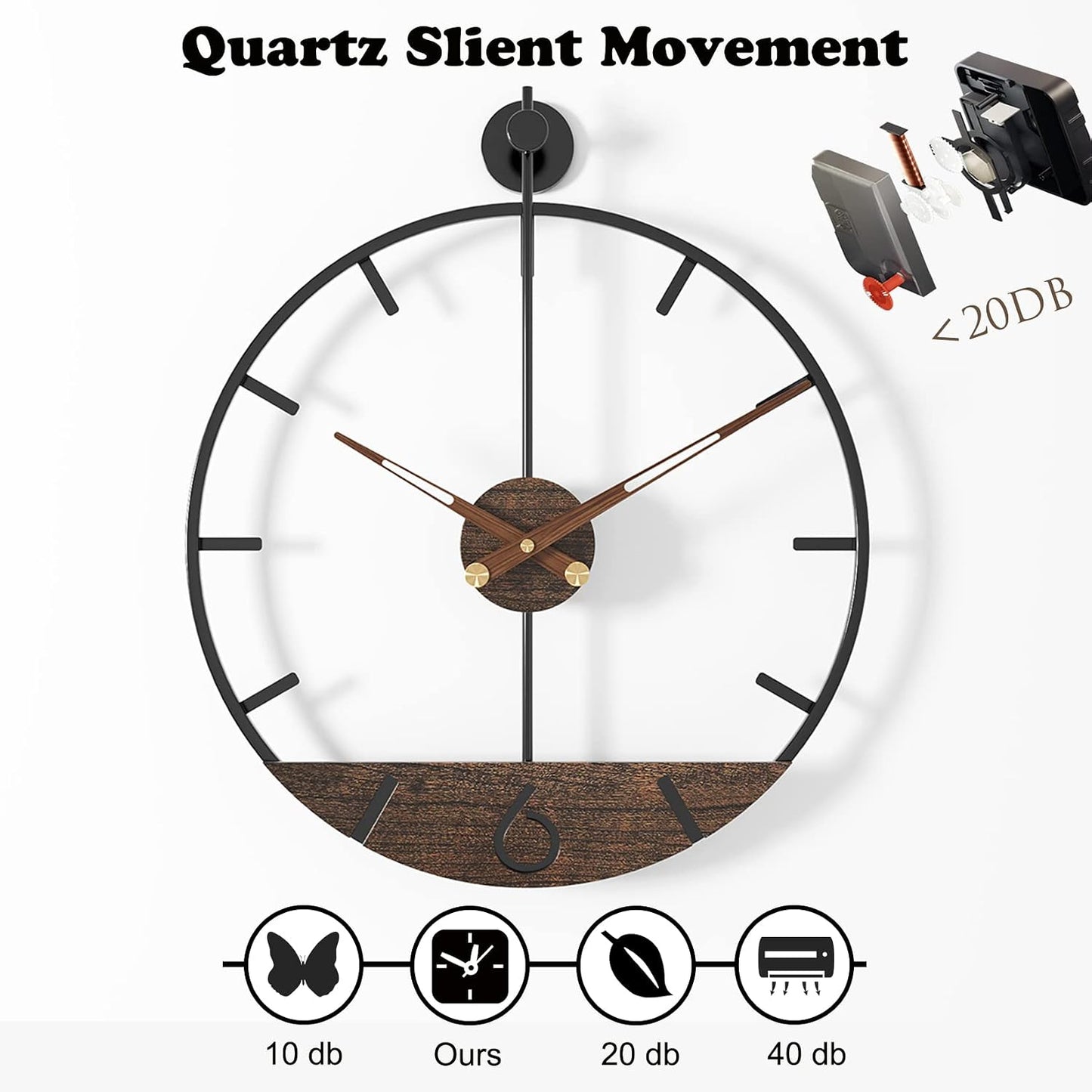 Modern Wood Walnut Dial Wall Clock, Large Simple Wall Decor Metal Frame Silent Non Ticking Clock for Living Room Decor