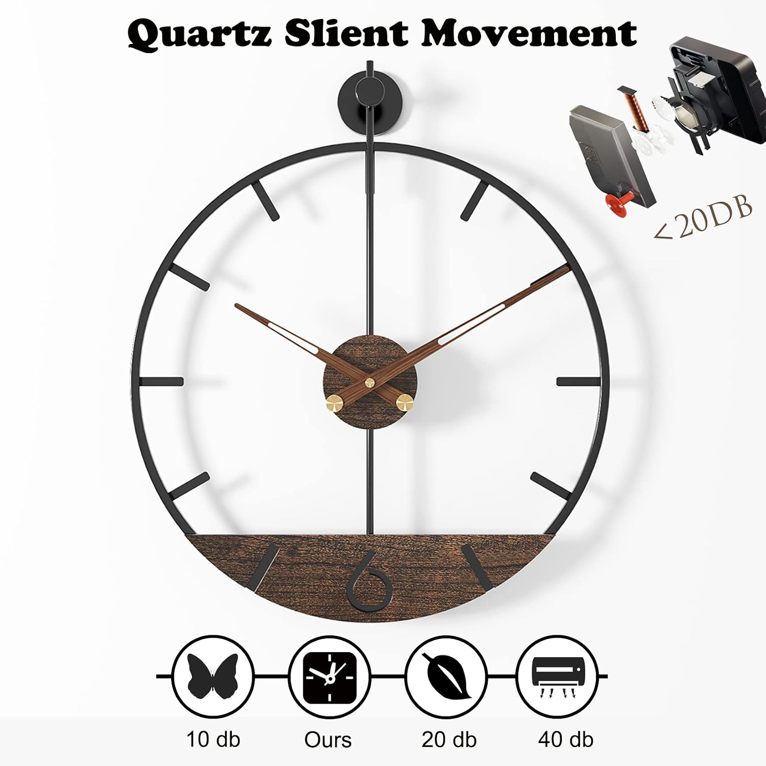 Modern Wood Walnut Dial Wall Clock, Large Simple Wall Decor Metal Frame Silent Non Ticking Clock for Living Room Decor