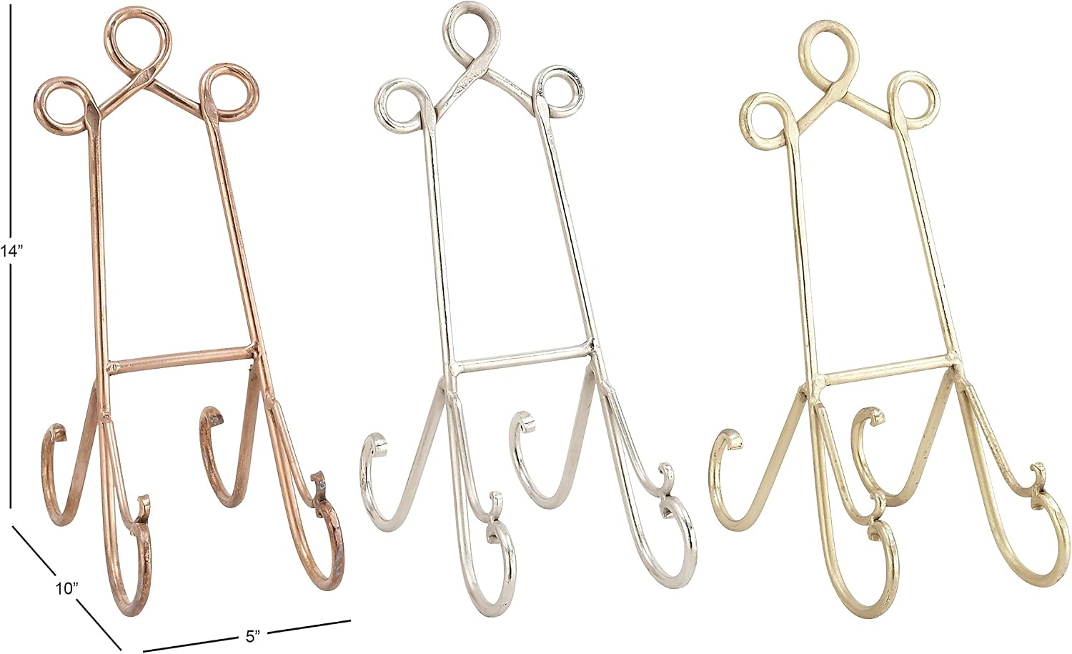 Deco 79 Metal Display Easel Scroll Tabletop Easel, set of 3 Display Stand 5" x 10" x 14", Multi Colored