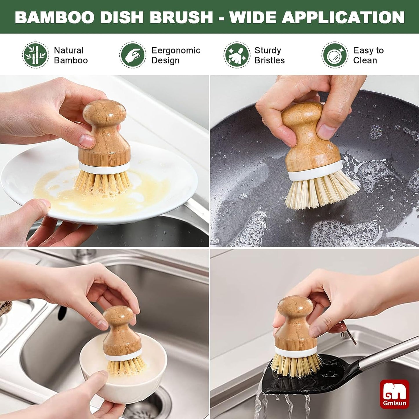 GMISUN Kitchen Soap Dispenser Set, 17 fl oz Dish Soap Dispenser with Ceramic Tray & Bamboo Brush for Kitchen, 2Pcs