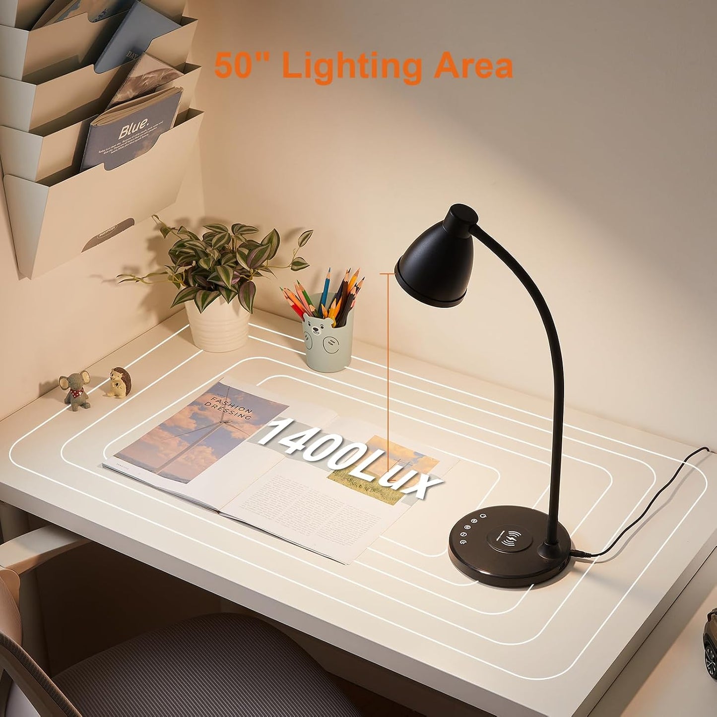 BOHON Desk Lamp for Home Office with USB C+A Charging Ports Timer Black | LED Desk Light with Wireless Charger 5 Colors