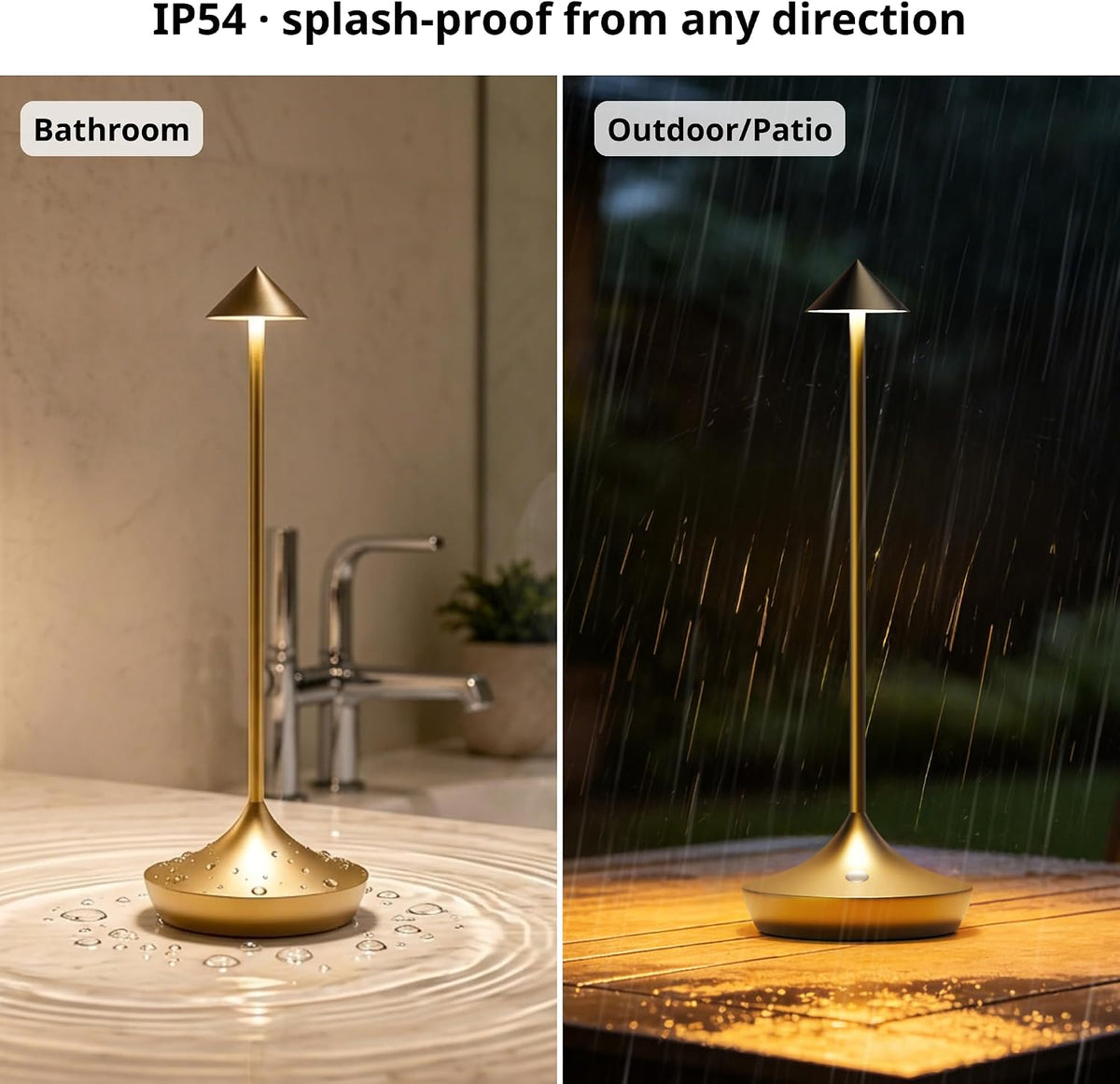 Cordless Rechargeable Table Lamp, Long-Lasting 60-Hr Battery, Dimmable LED | Set of 2 Gold with IP54 6000mAh 3 Color