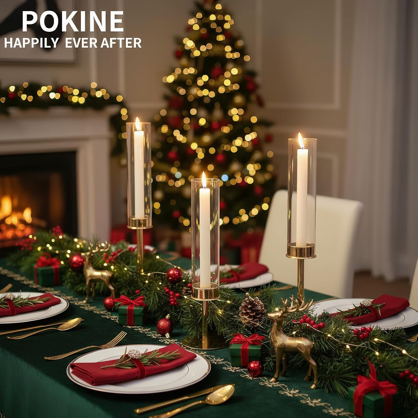 POKINE Gold Candle Holders Set of 6 for Taper Candle Holders | Hurricane Glass Candlestick Holder,Christmas