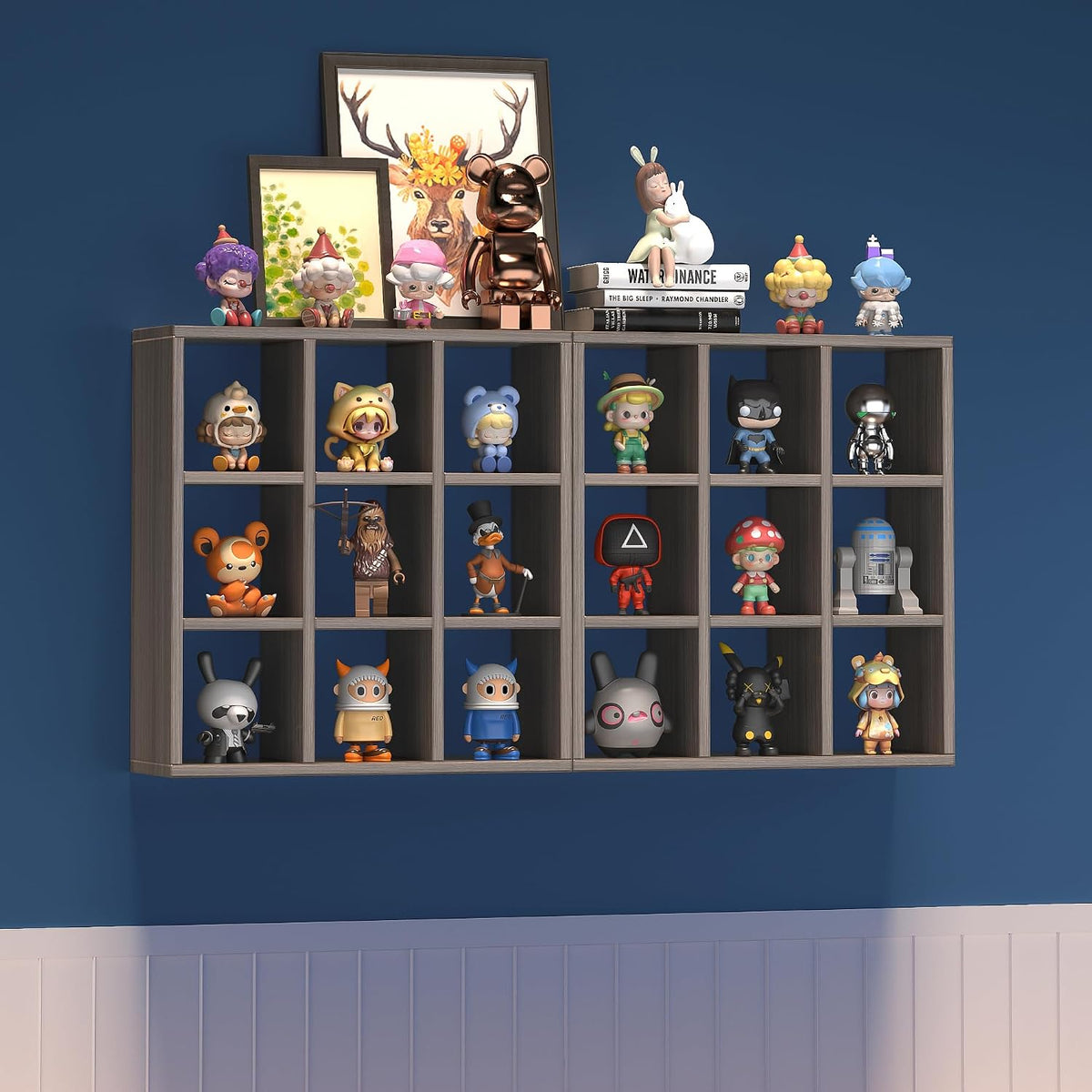 Helsin 9 Grid Vintage Coffee Mug Display Rack, 16inch Wall Mounted Wooden Curio Shadow Box Shelf, Cup Floating Shelves