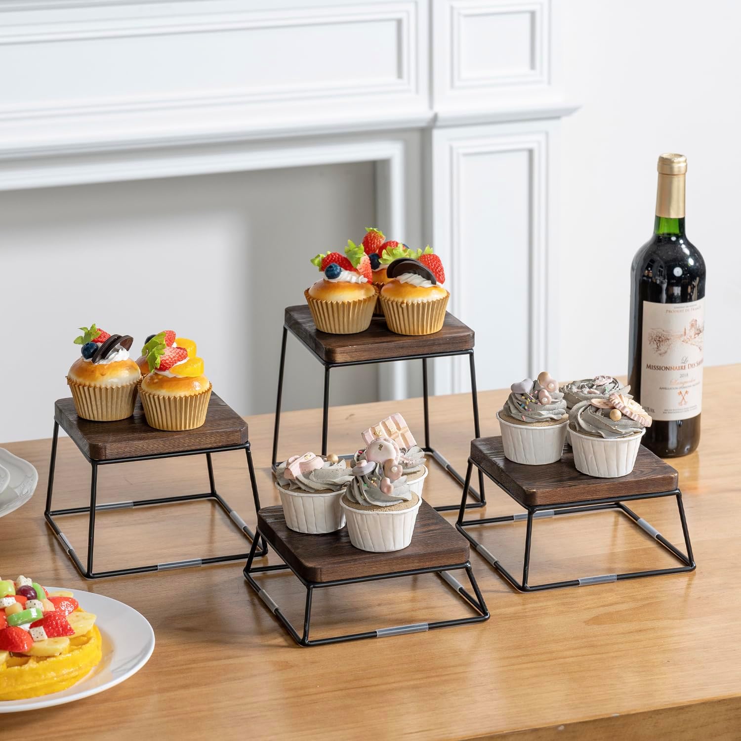 MyGift 4 Piece Dessert Display Stand Set Wood Buffet Risers Brown Metal | Matte Black Wire Bases, Nesting Display